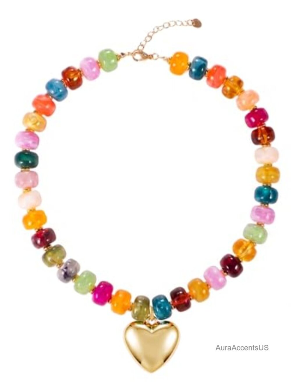Chunky Resin Beaded Choker Necklace with Heart Pendant, Adjustable Boho